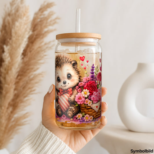 Becher-Aufkleber „Igel im Blumenkorb“ auf einem 16oz Glasbecher