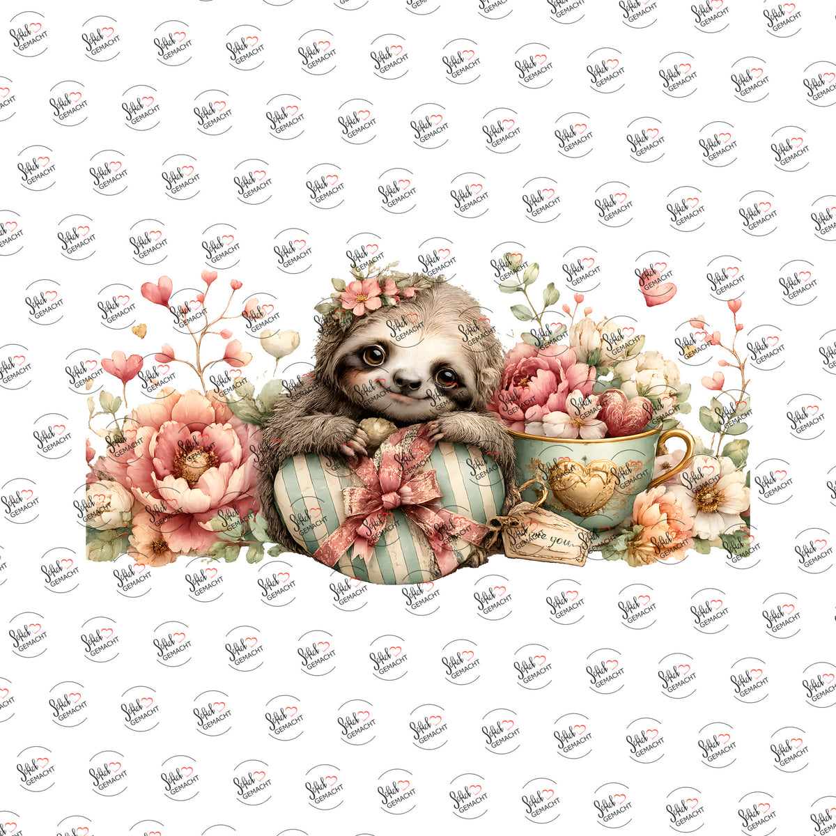 Faultier mit Herzgeschenk als Rub-on-Sticker, einzeln