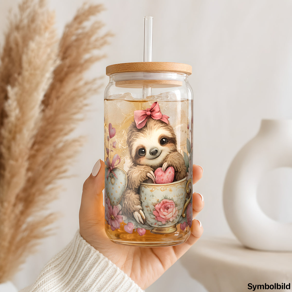 Becher-Aufkleber „Faultier in der Tasse“ auf einem 16oz Glasbecher