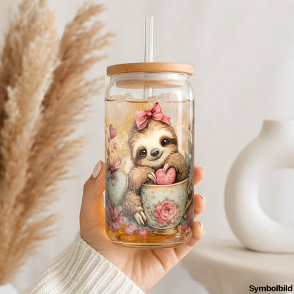 Becher-Aufkleber „Faultier in der Tasse“ auf einem 16oz Glasbecher