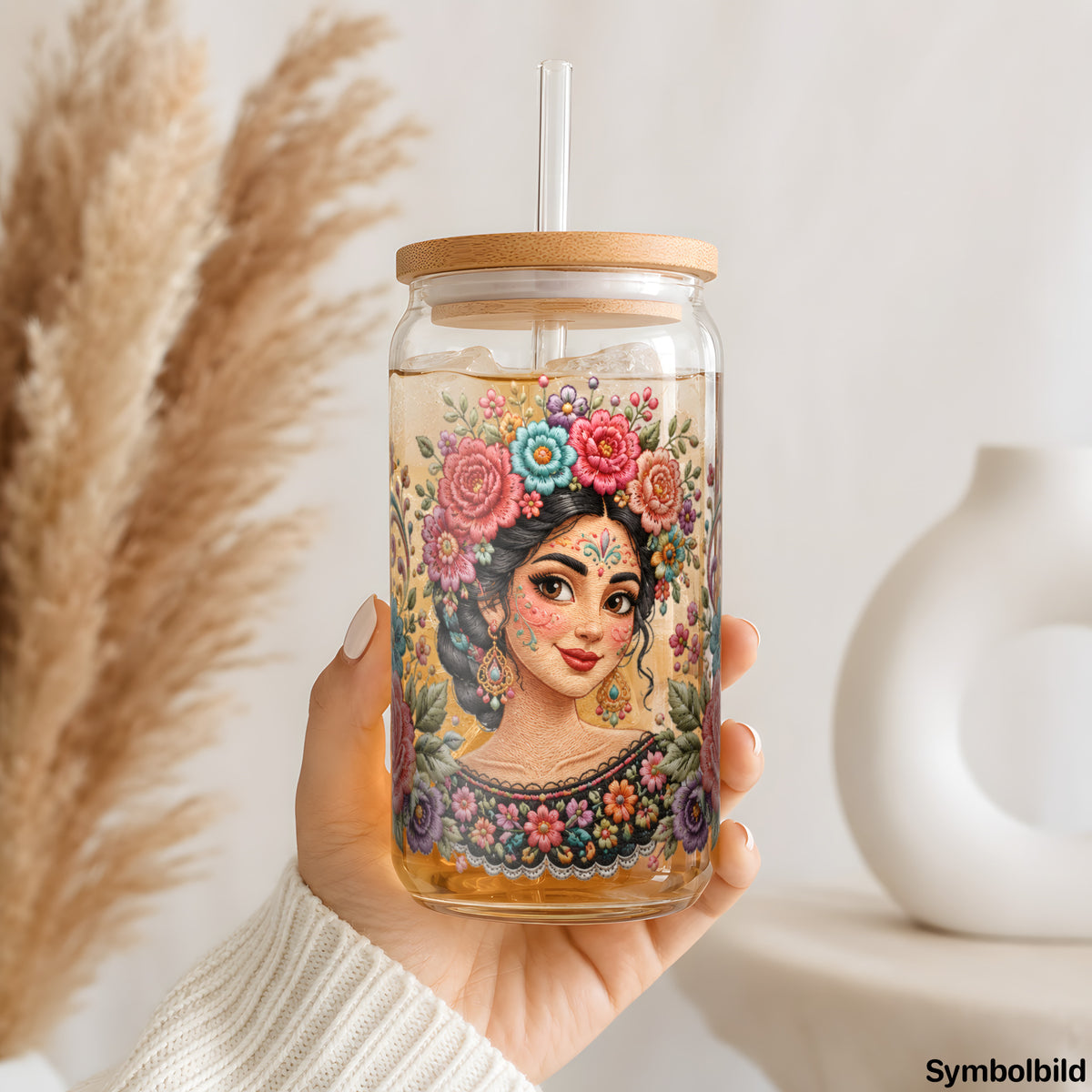 Blumenkranz-Portrait-Aufkleber auf einem 16oz Glasbecher