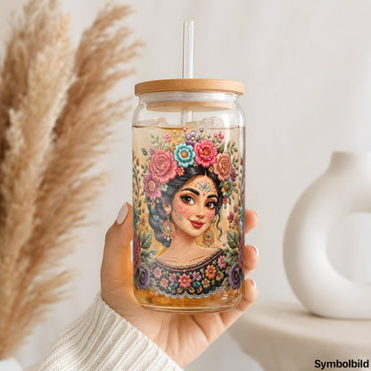 Blumenkranz-Portrait-Aufkleber auf einem 16oz Glasbecher