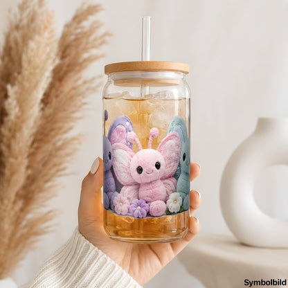 Plüsch-Schmetterlinge-Aufkleber auf einem 16oz Glasbecher