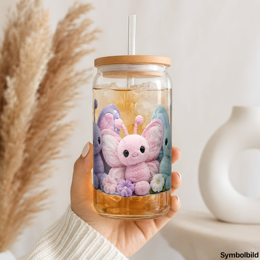 Plüsch-Schmetterlinge-Aufkleber auf einem 16oz Glasbecher