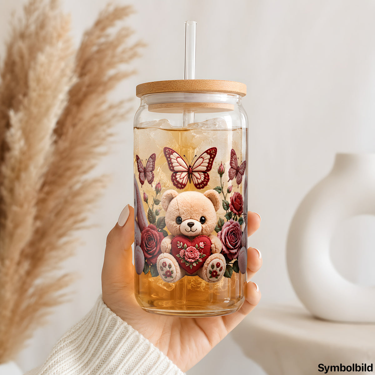 Becher-Aufkleber „I love you in Plüsch“ auf einem 16oz Glasbecher