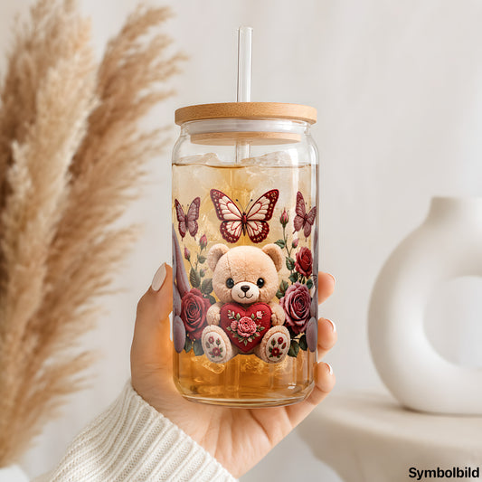 Becher-Aufkleber „I love you in Plüsch“ auf einem 16oz Glasbecher