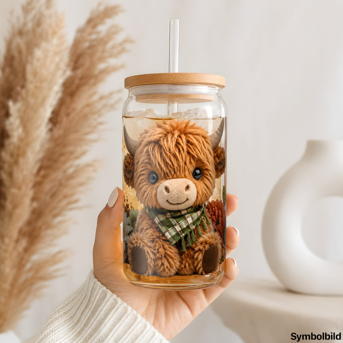 Plüsch-Highlandrind-Aufkleber auf einem 16oz Glasbecher