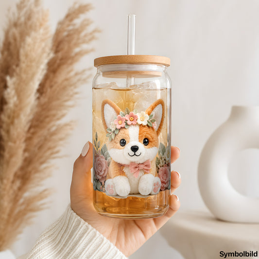 Becher-Aufkleber „Corgi in Pastellblüten“ auf einem 16oz Glasbecher
