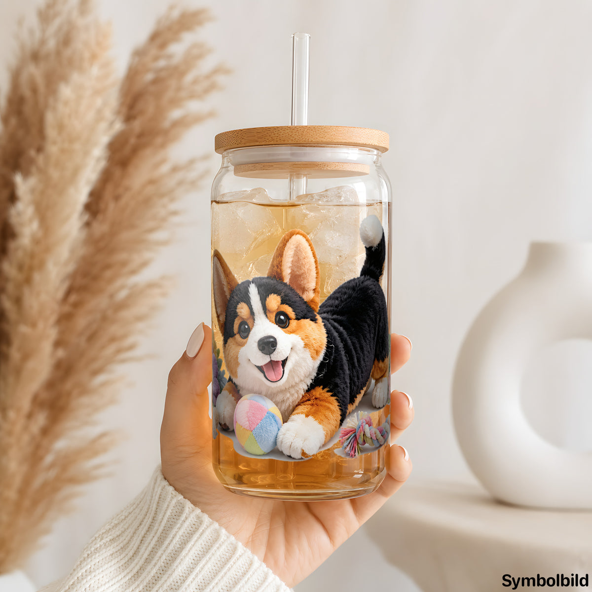 Becher-Aufkleber „Plüsch-Corgi beim Spielen“ auf einem 16oz Glasbecher