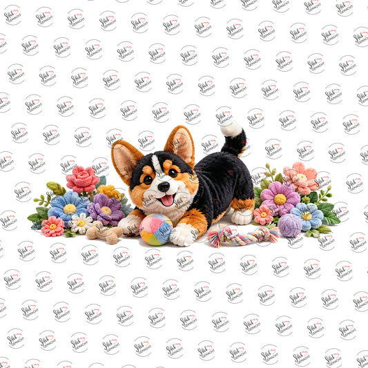 Plüsch-Corgi beim Spielen als Rub-on-Sticker, einzeln