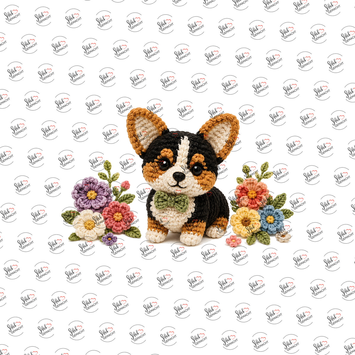 Häkel-Corgi im Blumenbeet als Rub-on-Sticker, einzeln