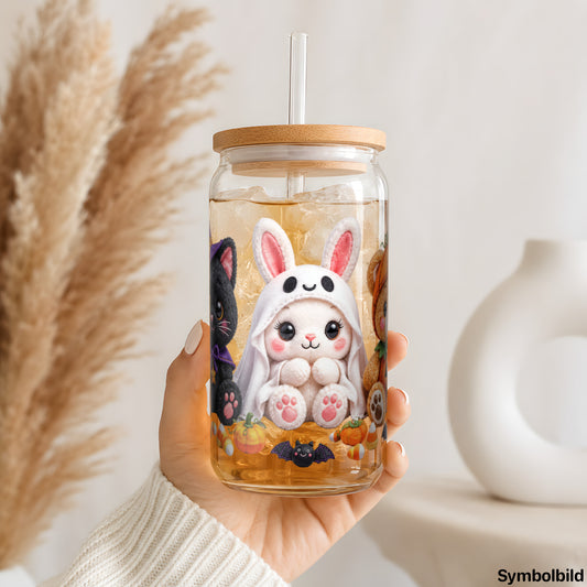 Becher-Aufkleber „Kuscheltiere in Halloweenlaune“ auf einem 16oz Glasbecher