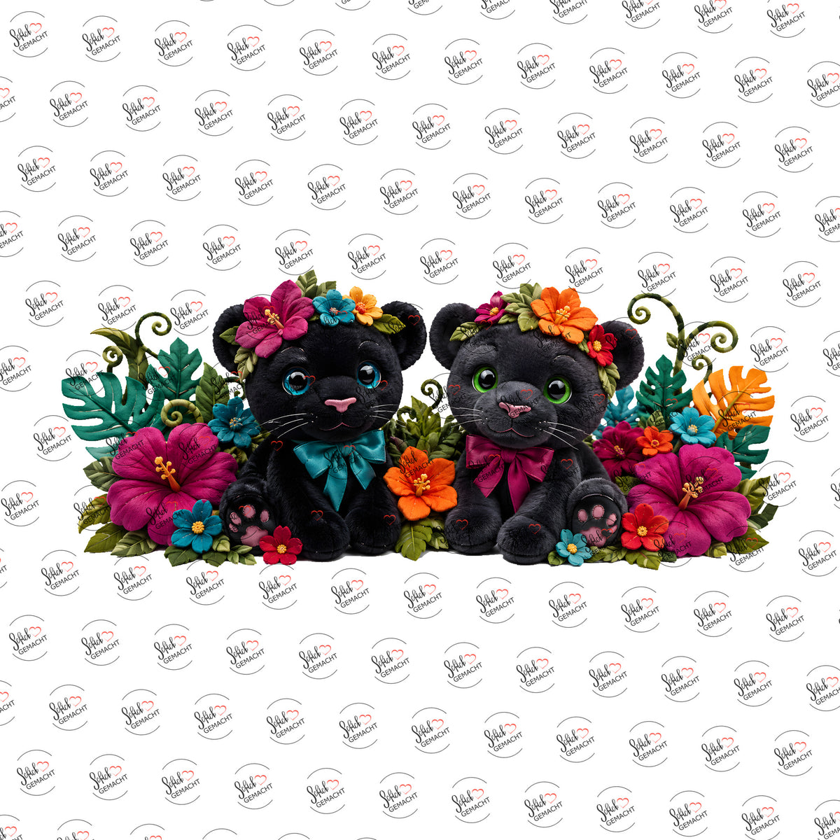 Plüschpanther im Blütenmeer als Rub-on-Sticker, einzeln