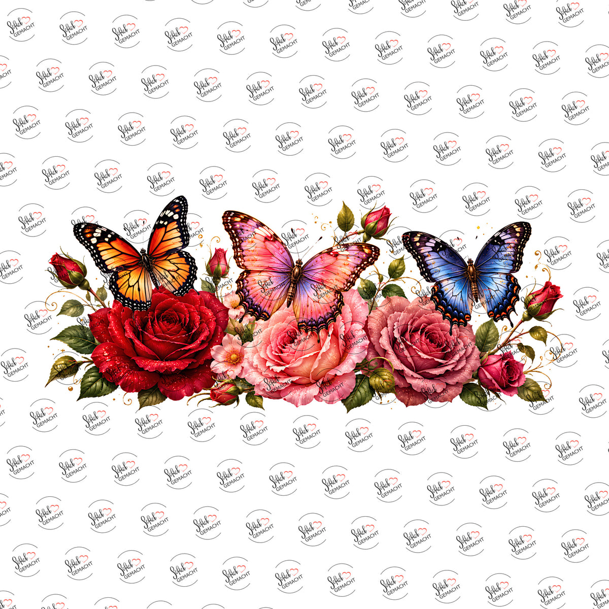 Falter über roten Rosen als Rub-on-Sticker, einzeln