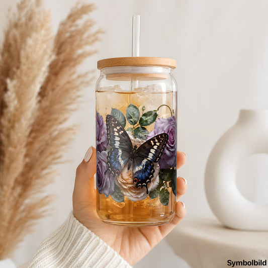 Becher-Aufkleber „Lila Rosen mit Falter“ auf einem 16oz Glasbecher