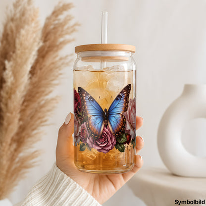 Becher-Aufkleber „Rosenranke mit blauem Falter“ auf einem 16oz Glasbecher