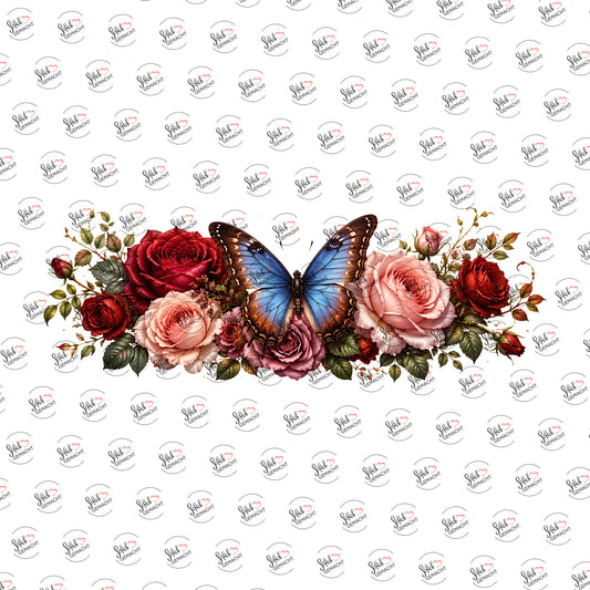 Rosenranke mit blauem Falter als Rub-on-Sticker, einzeln