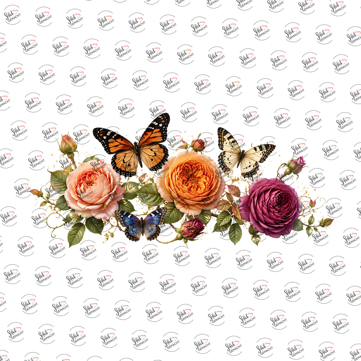 Monarchfalter und Rosen als Rub-on-Sticker, einzeln