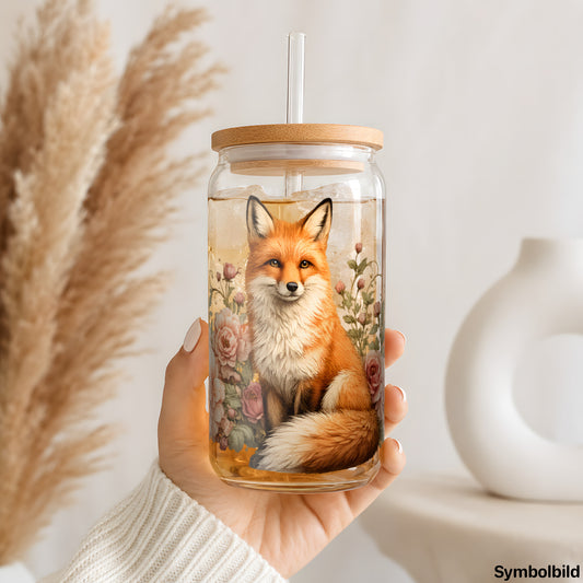 Becher-Aufkleber „Fuchs im Rosenbeet“ auf einem 16oz Glasbecher