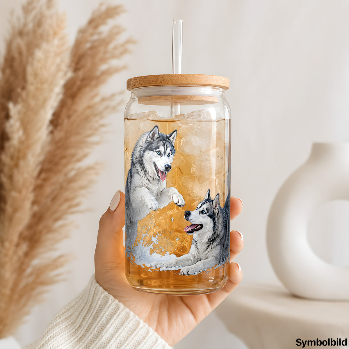 Becher-Aufkleber „Huskys im Schnee“ auf einem 16oz Glasbecher