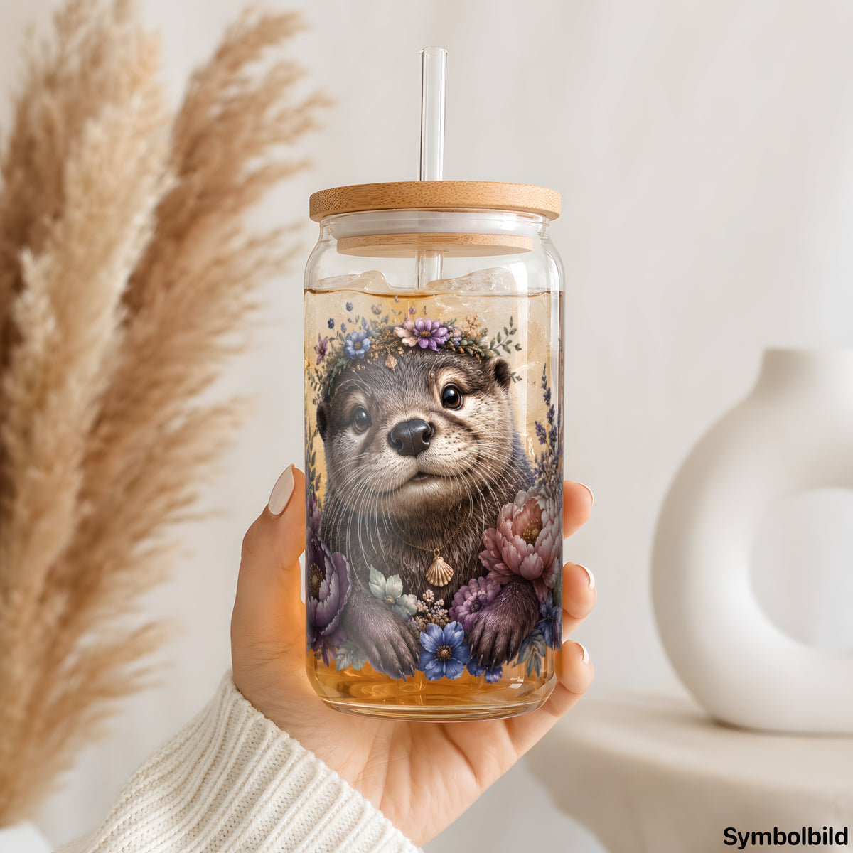 Becher-Aufkleber „Otter im Blütenkranz“ auf einem 16oz Glasbecher