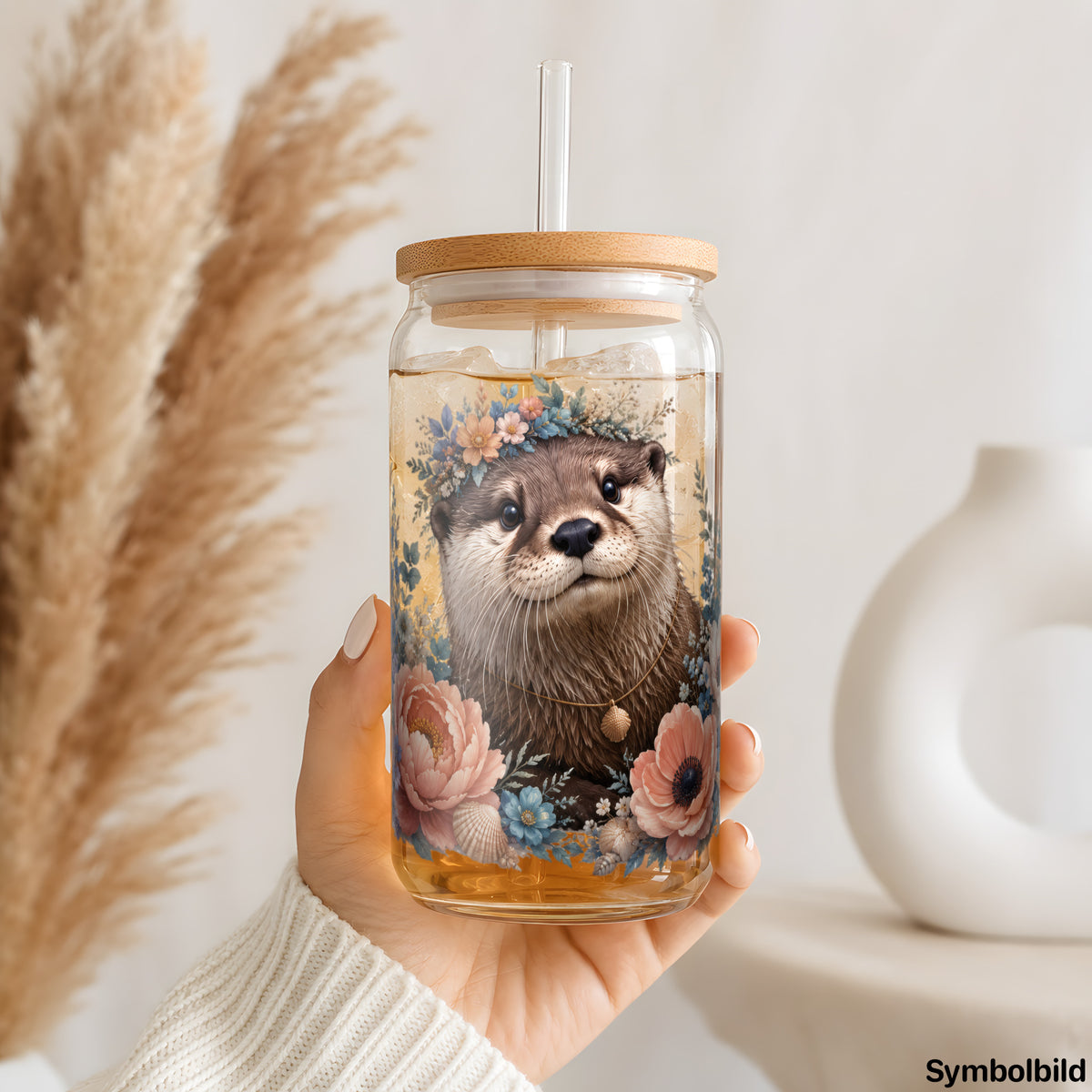 Becher-Aufkleber „Otter mit Muscheln“ auf einem 16oz Glasbecher
