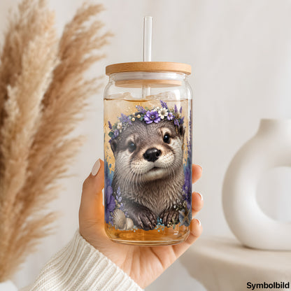 Becher-Aufkleber „Otter mit Blütenkranz“ auf einem 16oz Glasbecher