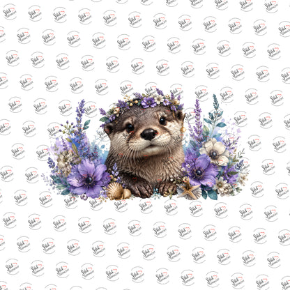Otter mit Blütenkranz als Rub-on-Sticker, einzeln