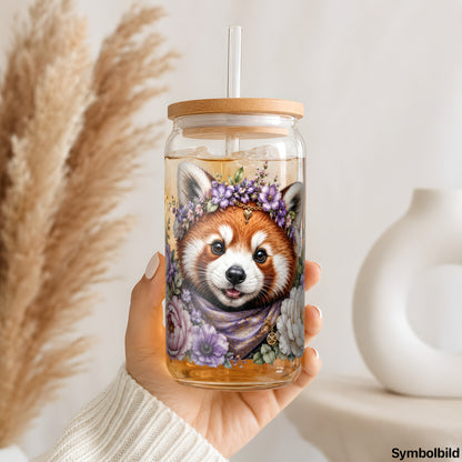 Becher-Aufkleber „Roter Panda mit Blütenkranz“ auf einem 16oz Glasbecher