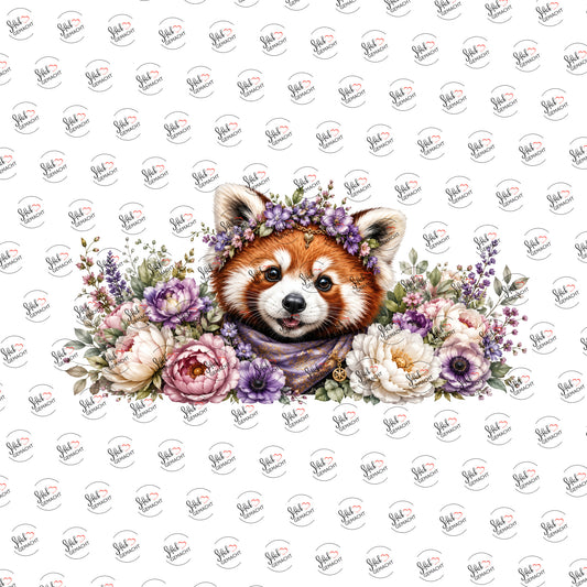 Roter Panda mit Blütenkranz als Rub-on-Sticker, einzeln