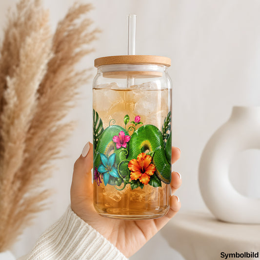 Becher-Aufkleber „Schlange im Dschungel“ auf einem 16oz Glasbecher