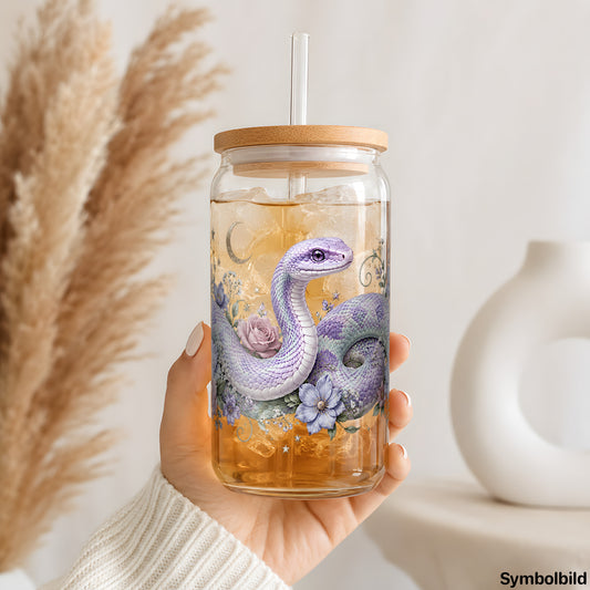 Becher-Aufkleber „Schlange in Fliederblüten“ auf einem 16oz Glasbecher