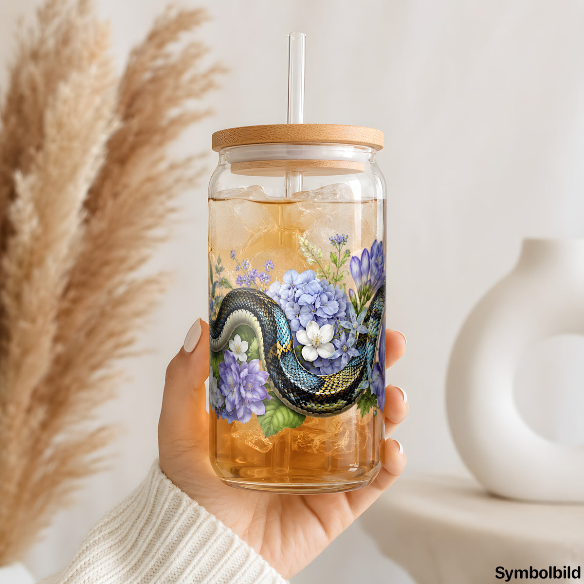 Becher-Aufkleber „Schlange in Blau“ auf einem 16oz Glasbecher