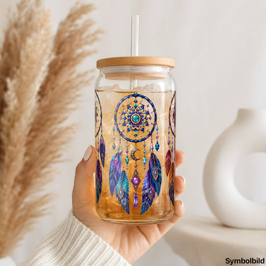 Becher-Aufkleber „Traumfänger mit Kristallen“ auf einem 16oz Glasbecher