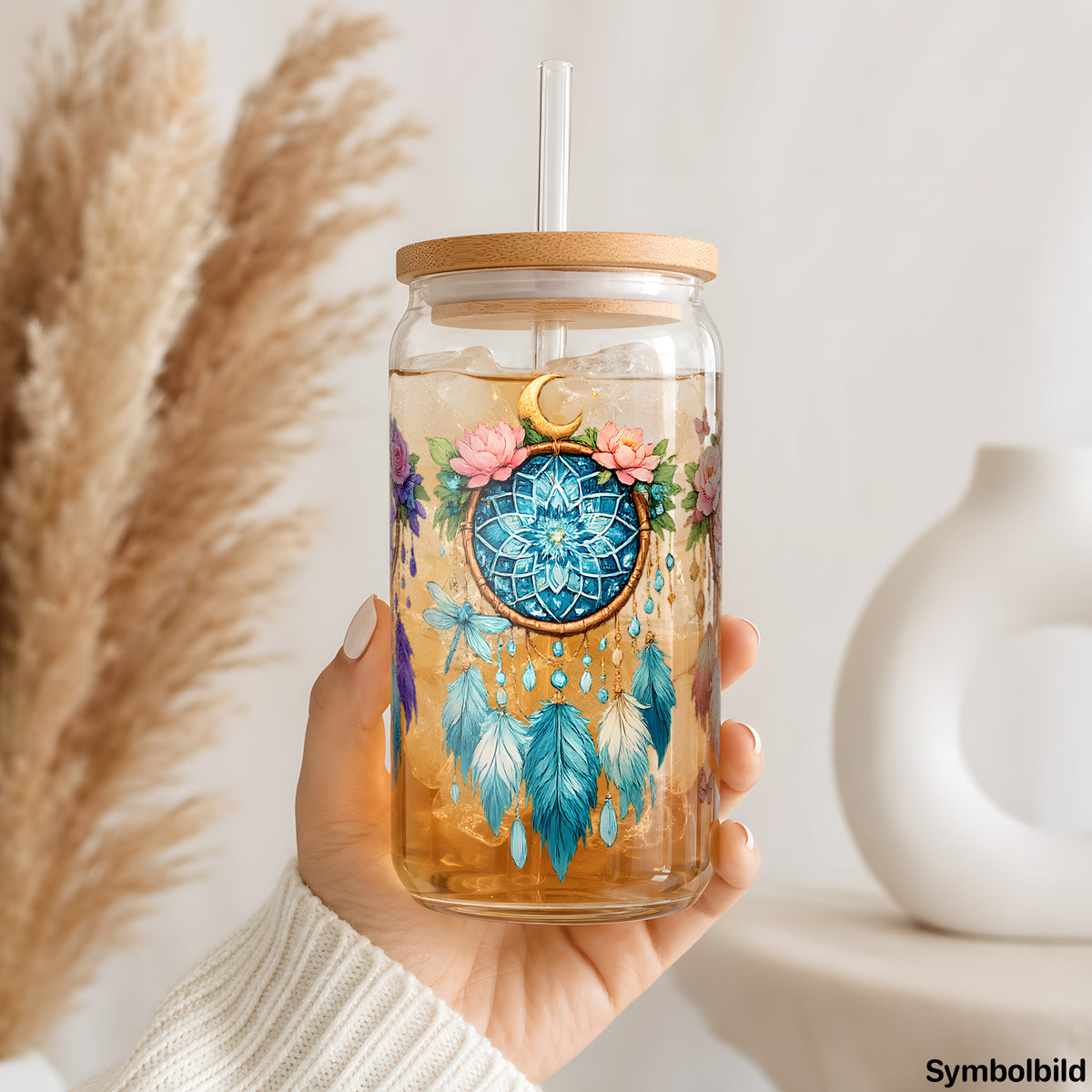 Becher-Aufkleber „Traumfänger in Pastell“ auf einem 16oz Glasbecher