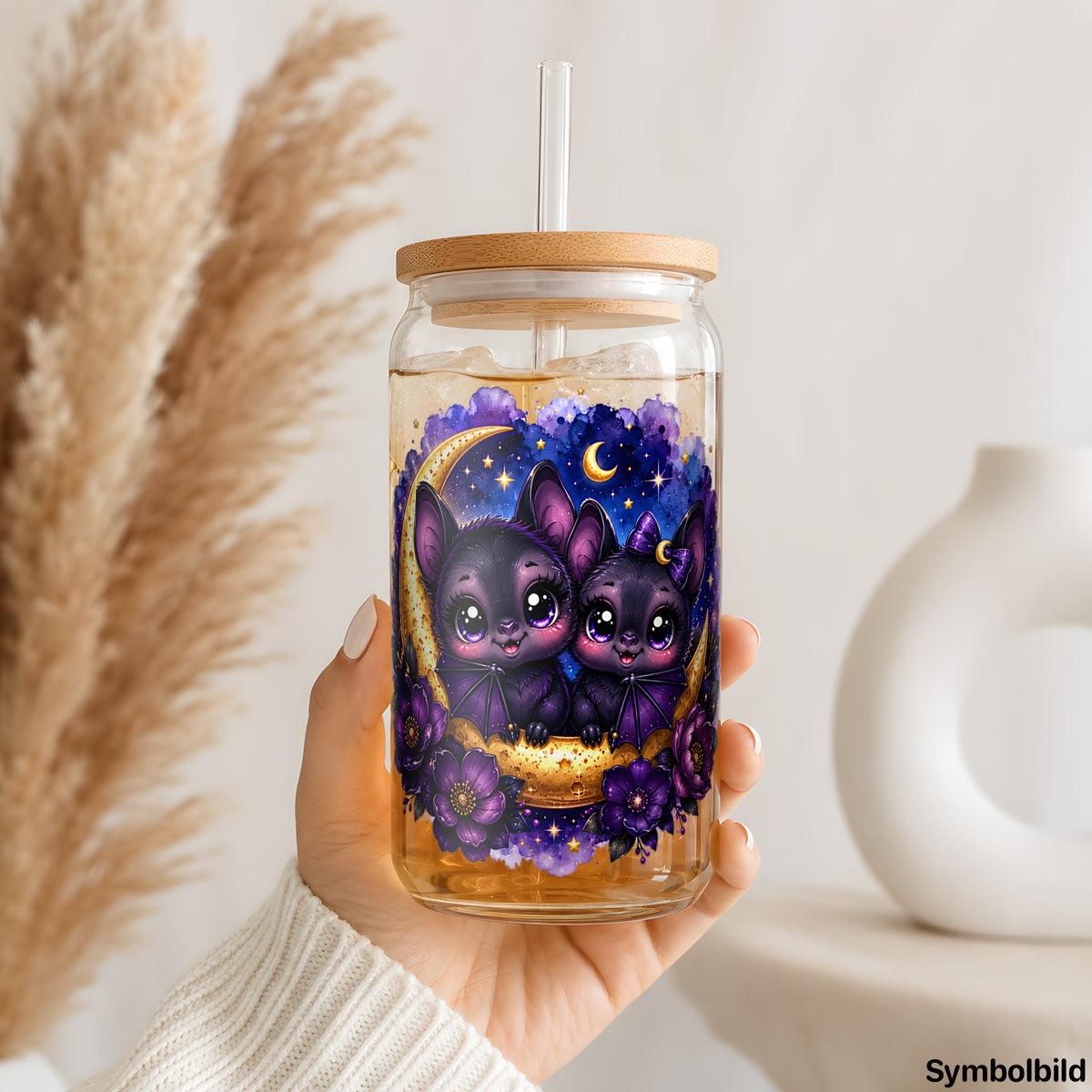 Becher-Aufkleber „Fledermäuse auf dem Mond“ auf einem 16oz Glasbecher