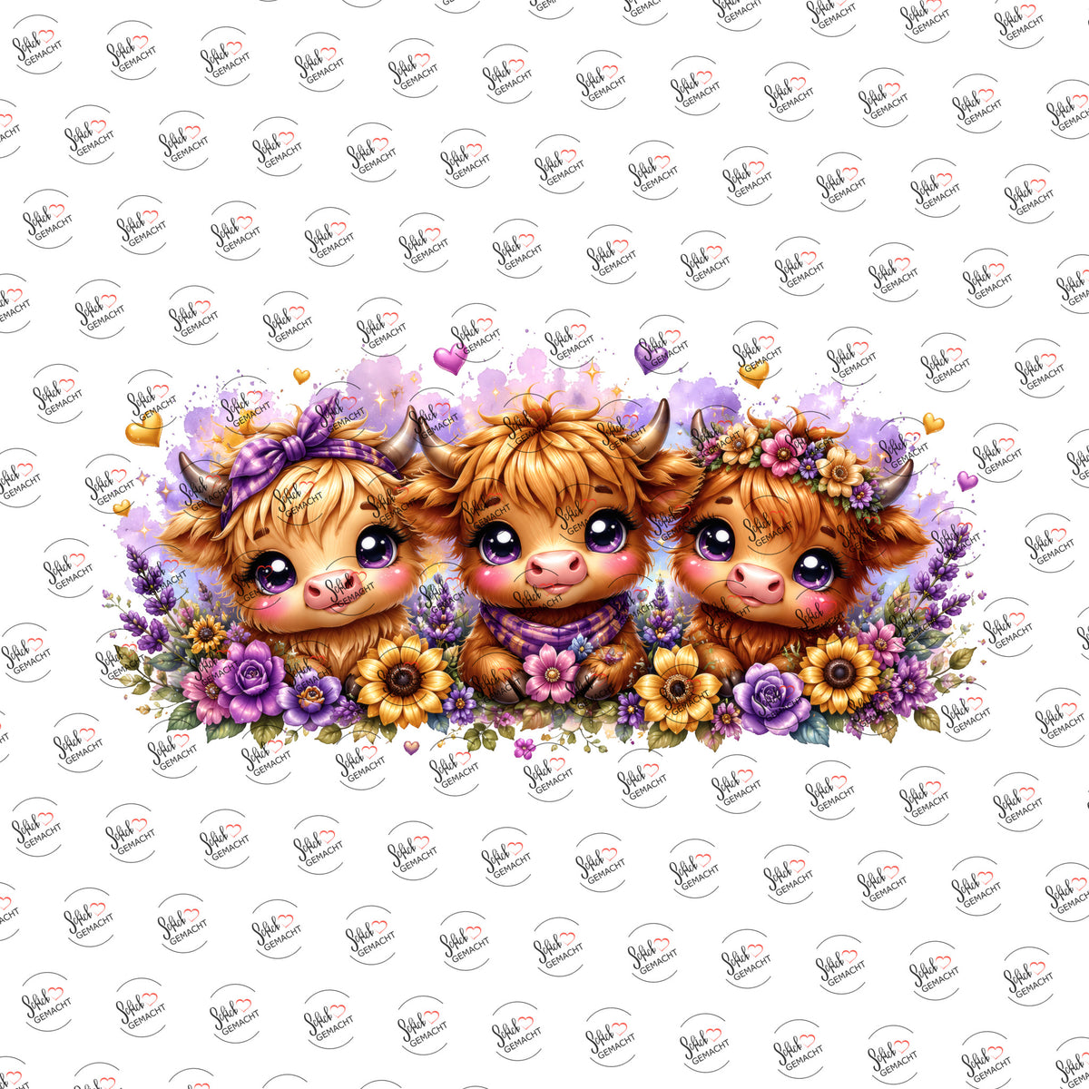 Highland-Kälbchen mit Blumenkranz als Rub-on-Sticker, einzeln