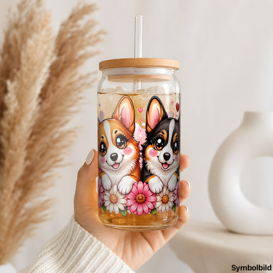 Becher-Aufkleber „Corgi-Duo im Blumenbeet“ auf einem 16oz Glasbecher