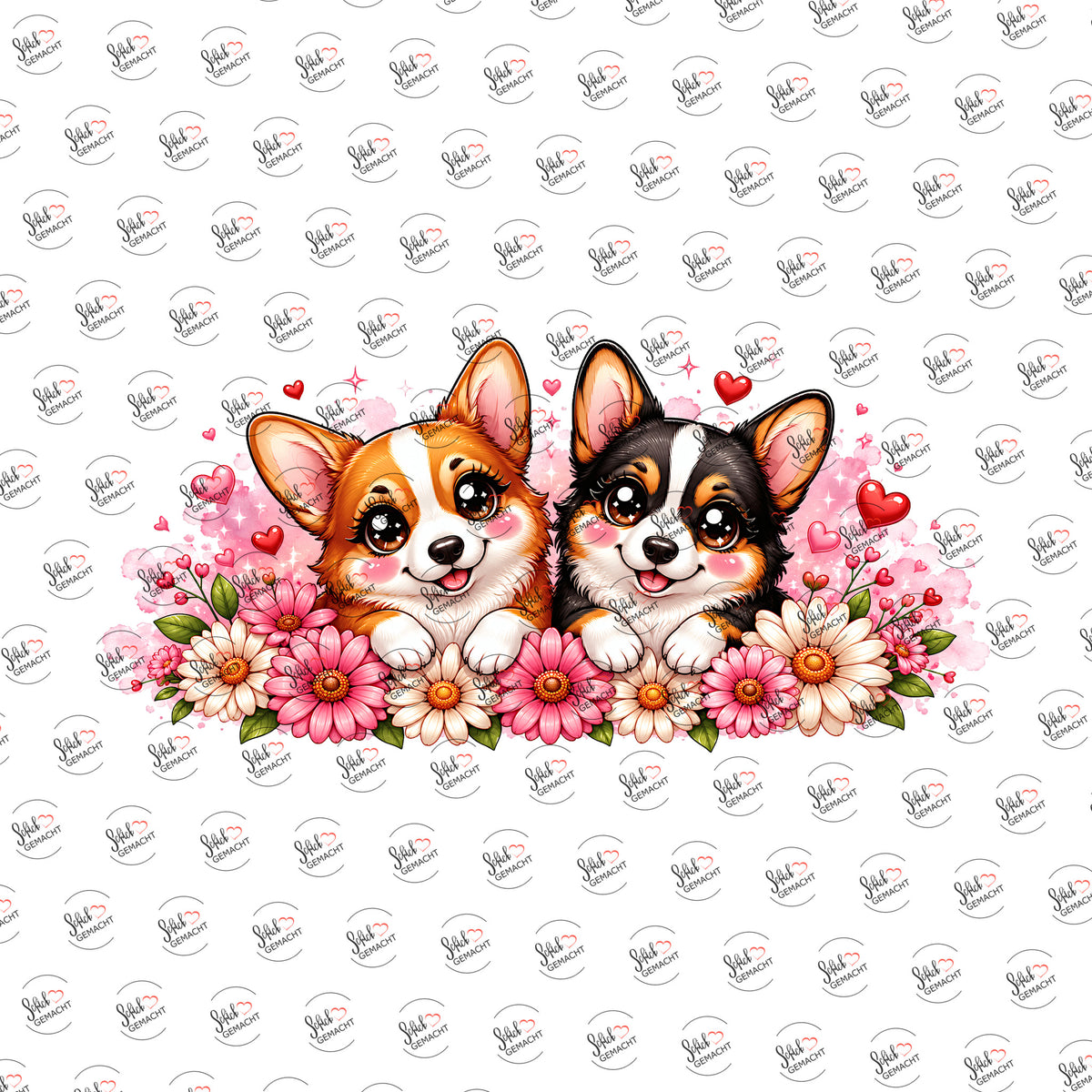 Corgi-Duo im Blumenbeet als Rub-on-Sticker, einzeln