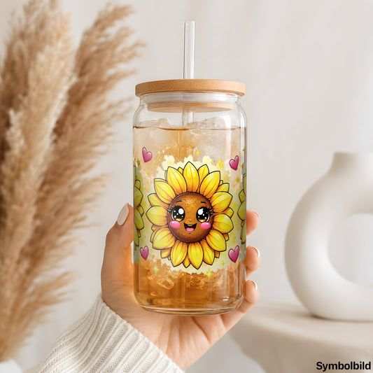 Becher-Aufkleber „Sonnenblumen mit Gesicht“ auf einem 16oz Glasbecher