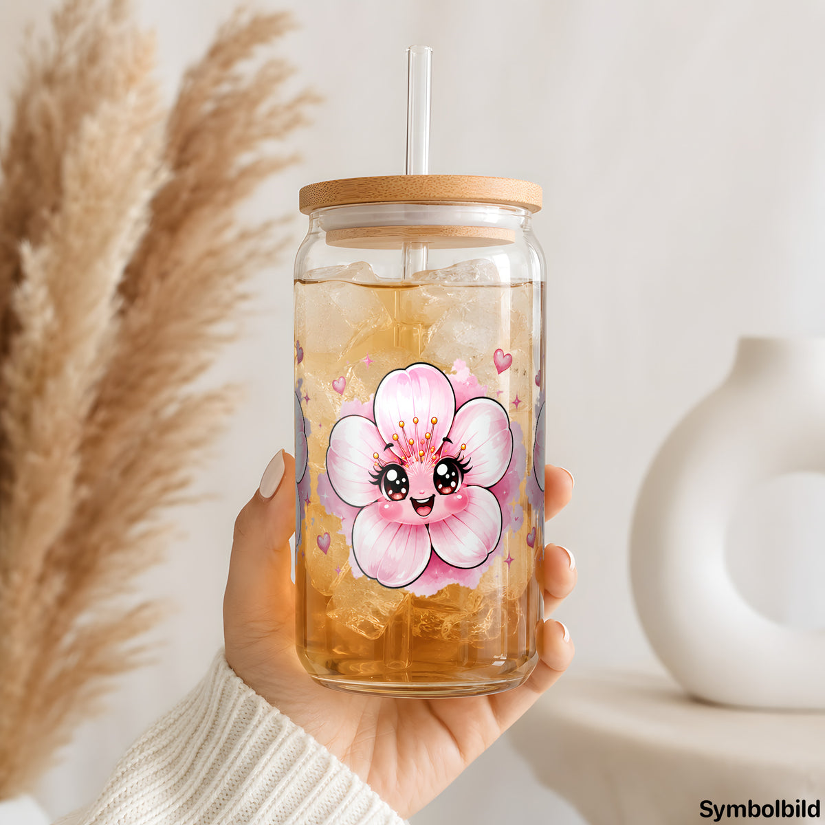 Becher-Aufkleber „Zarte Blüten mit Gesicht“ auf einem 16oz Glasbecher