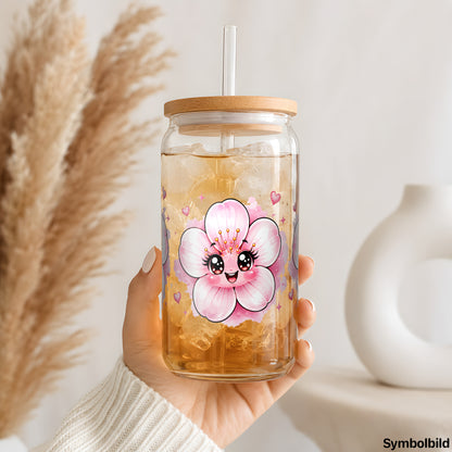 Becher-Aufkleber „Zarte Blüten mit Gesicht“ auf einem 16oz Glasbecher