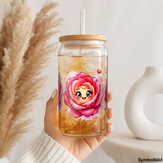 Becher-Aufkleber „Rosen mit Gesicht“ auf einem 16oz Glasbecher