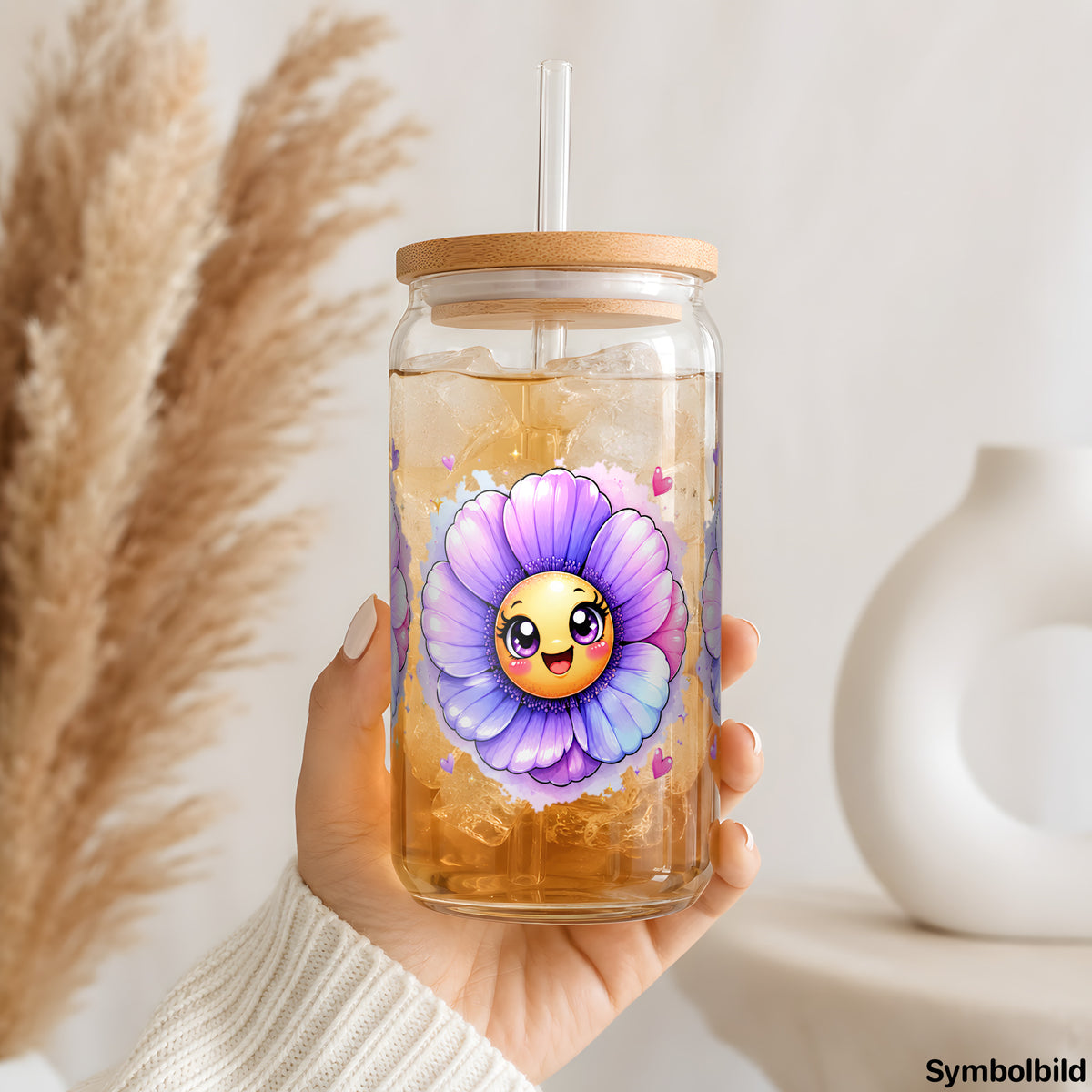 Becher-Aufkleber „Blaue Blüten mit Gesicht“ auf einem 16oz Glasbecher