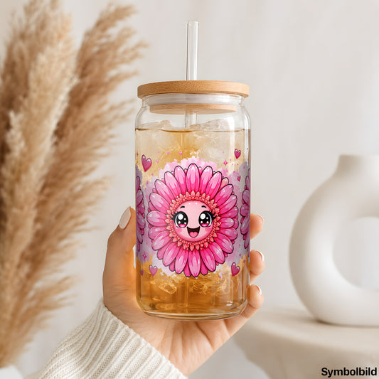 Becher-Aufkleber „Pinke Gerbera mit Gesicht“ auf einem 16oz Glasbecher