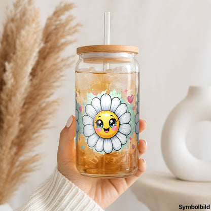 Becher-Aufkleber „Gänseblümchen mit Gesicht“ auf einem 16oz Glasbecher
