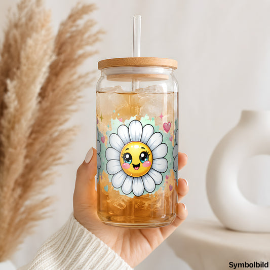 Becher-Aufkleber „Gänseblümchen mit Gesicht“ auf einem 16oz Glasbecher