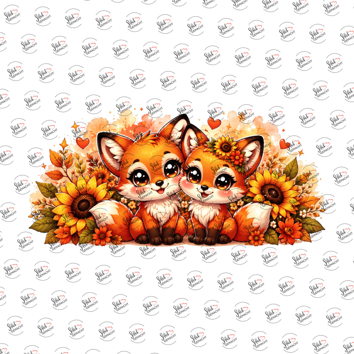Fuchsgeschwister im Sonnenblumenfeld als Rub-on-Sticker, einzeln