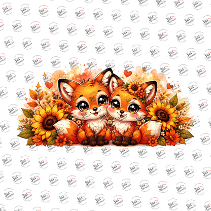 Fuchsgeschwister im Sonnenblumenfeld als Rub-on-Sticker, einzeln