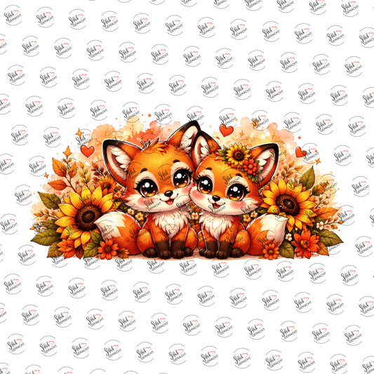 Fuchsgeschwister im Sonnenblumenfeld als Rub-on-Sticker, einzeln